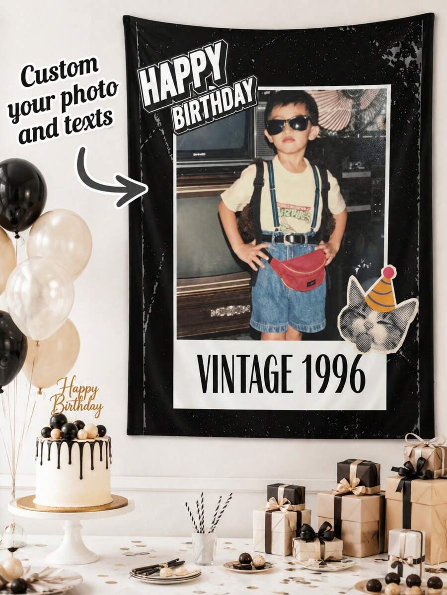 1pc Customized Birthday Wall Tapestry, Personalized Photo Tapestry, Black Vintage Party Backdrop, Custom Image Fabric Poster, Birthday Decoration, Modern Room Decor, Commemorative Gift - Multicolor - View 1