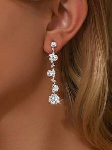 1 Pair Fashion Long Teardrop Rhinestone Dangle Earrings, Suitable For Women's Daily Wear - Silver - View 2