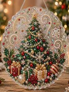 Christmas Pearl Diamond Painting Suncatcher Set, DIY Handmade | Pre-Assembled Metal Chain, Acrylic Round Plate With Lace Edge, 3D Mixed Size Pearl Beads, Holiday Window Wall Decor - A - View 12