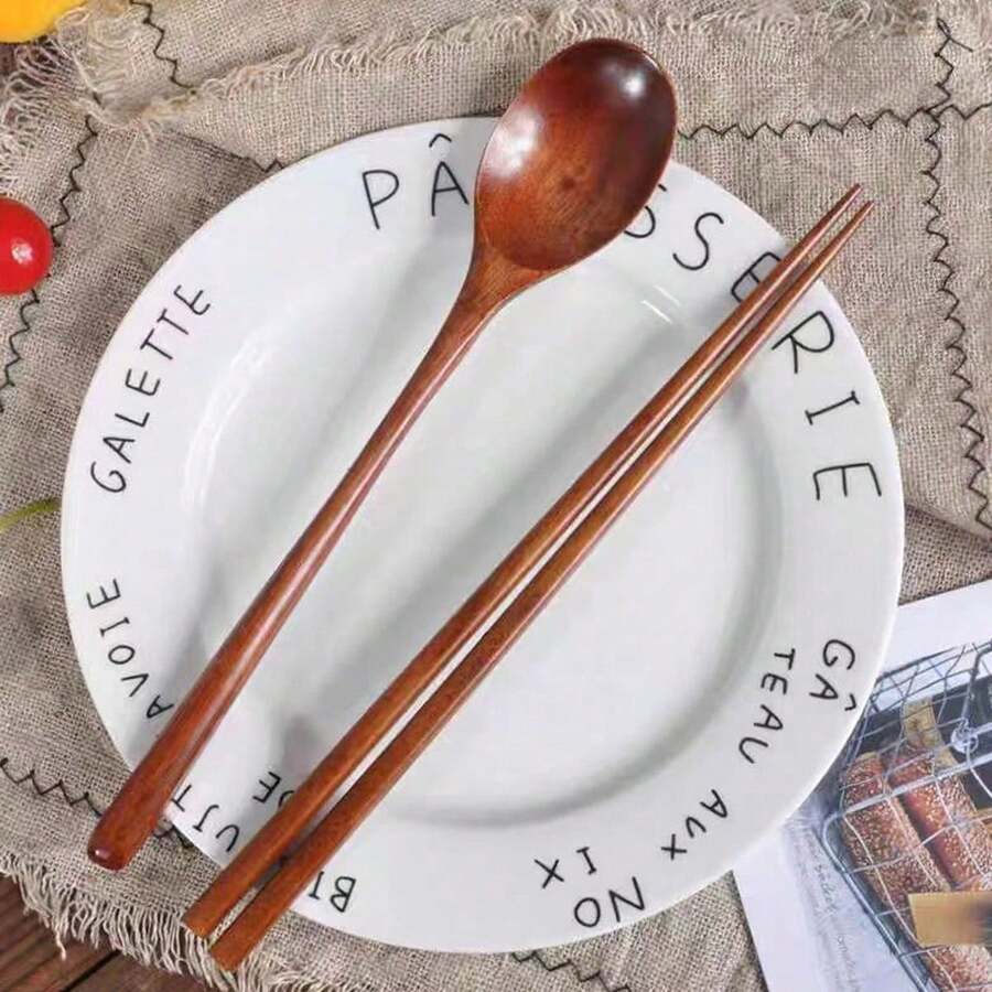 1pc/2pcs/5pcs Portable Wooden Spoon & Chopsticks Set - Kitchen Utensils, Suitable For Camping, Travel, Picnic, RV And Office Use - Ideal For Rice, Noodles, Porridge - Perfect For Home, Restaurant, Wedding, Student, Kitchen Supplies, Gift
