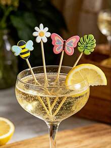 200pcs/100pcs/10pcs Assorted Animal & Floral Bamboo Skewers Fruit Forks, Tropical Cocktail Picks, Summer Pool Beach Cocktail Picks, Butterfly, Bee, Monstera Leaf, Daisy Pattern, Suitable For Appetizers, Food, Drinks - Multicolor - View 10