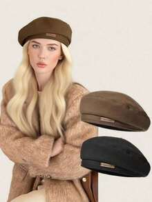 1pc New French Beret, Fashionable Small Painter Hat, Vintage Versatile Artistic Daily Face-Slimming Octagonal Hat, Solid Color Casual Polyester Fiber - A - View 1