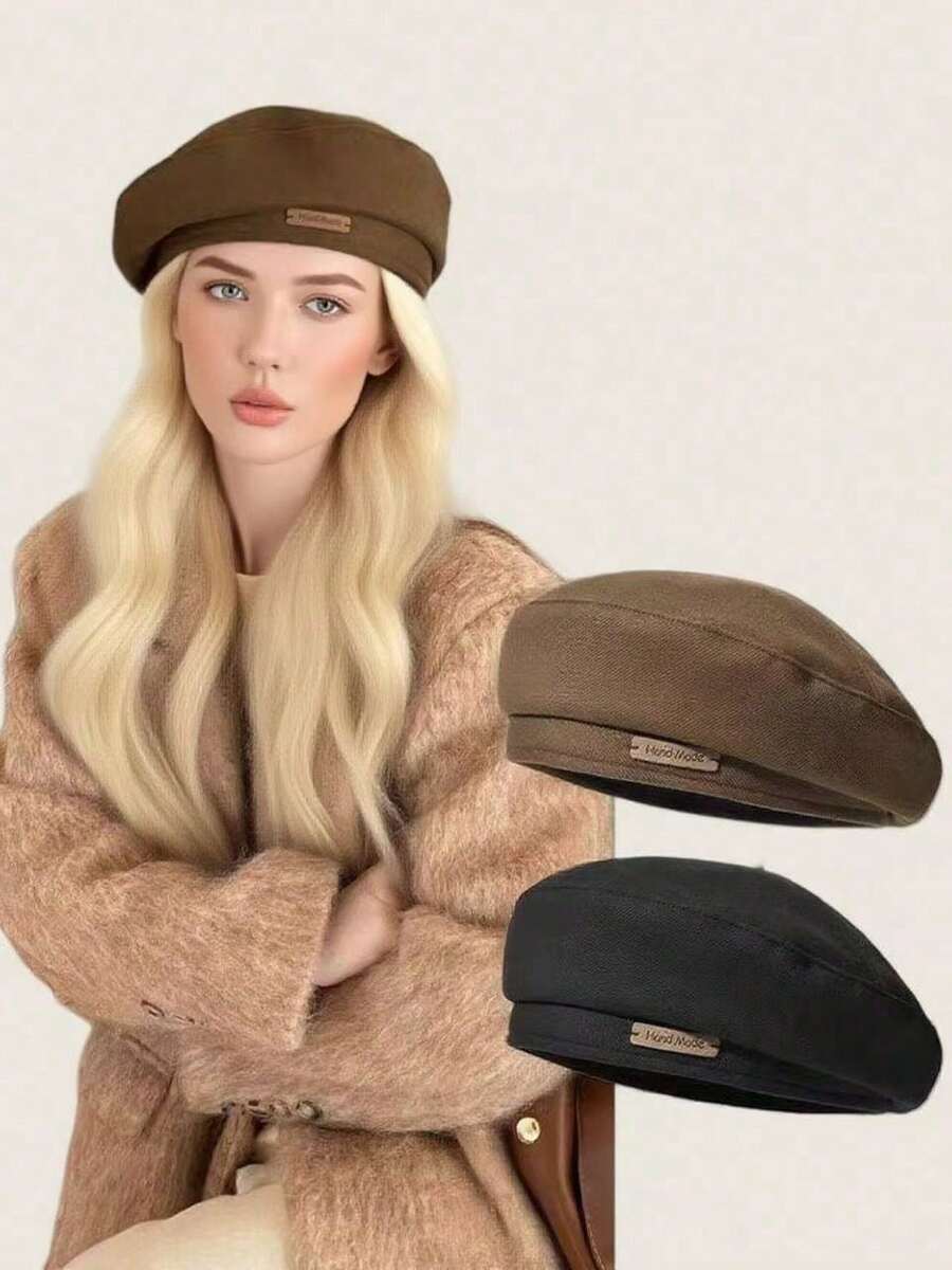 1pc New French Beret, Fashionable Small Painter Hat, Vintage Versatile Artistic Daily Face-Slimming Octagonal Hat, Solid Color Casual Polyester Fiber - A - View 1