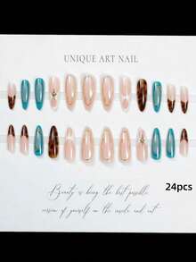 1 Set Handmade Almond-Shaped Press-On False Nails, Vintage Morandi Blue-Gray Fluid Gradient Honeycomb Leopard Print Color-Blocked Metal Chain Gold Frame Large Diamond French Detachable Wearable Nails. - Multicolor - View 5