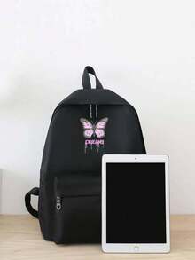 Set de 4 piezas - Set de mochila con estampado de mariposa púrpura, incluye mochila, bolso tote, bolsa de almacenamiento, estuche para lápices, set de bolsas de nylon de gran capacidad para uso diario y viajes cortos, mochila casual con múltiples bolsillos, adecuado para estudiantes, recién graduados, jóvenes, aplicable para regreso a la escuela, desplazamientos diarios, compras, viajes cortos y viajes de ocio al aire libre - Negro - Ver 3