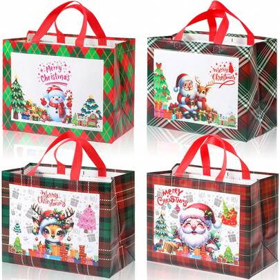 4/12pcs Tas Kado Natal Besar dengan Pegangan, 32 X 25 X 17 Cm Tas Kado Liburan Kotak-kotak, Tas Tote Natal dengan Desain Santa, Manusia Salju, dan Rusa untuk Hadiah Natal, Suvenir Pesta, dan Pembungkus Kado Liburan