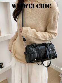 Bolso cilíndrico Y2K Millennium Hot Girl con múltiples bolsillos con cremallera, decoración de herrajes con remaches, uso dual de mano y bajo el brazo, estilo retro de motocicleta, atuendo de uso diario, bolso de hombro personalizado para mujer - Negro - Ver 6
