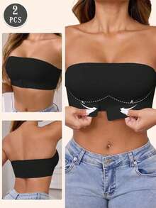 2pcs Women's Front Closure Strapless Push-Up Bra - Sexy Wireless Bandeau, With Adjustable Rubber Band, Seamless Invisible Lingerie, Suitable For Daily Wear - Multicolor - View 2