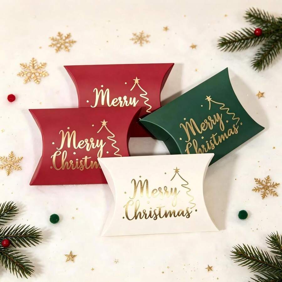 20/40pcs Christmas Gold Foil Pillow Boxes, Merry Christmas Gift Boxes, Suitable For Christmas Eve Small Gift Packaging, Suitable For Halloween, Christmas, Birthday Parties And Other Gift Packaging - View 1