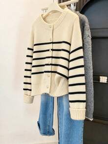 Women's Striped Knit Cardigan, Cute Heart Sweater, Suitable For Christmas, Halloween, Thanksgiving - White - View 4