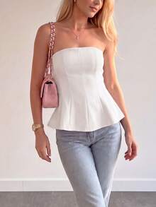 QUNGIGU Women's Bandeau Top With Flared Hem And Ruffle Detail, Summer Outfit For Elegant Outings, Dates And Birthday Parties - White - View 1