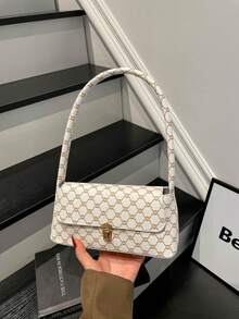 柔軟面 PU 皮革金屬鎖飾貝殼造型復古風法棍包 女款單肩包 新款女包 小包 手提包 - 白色 - 查看 1