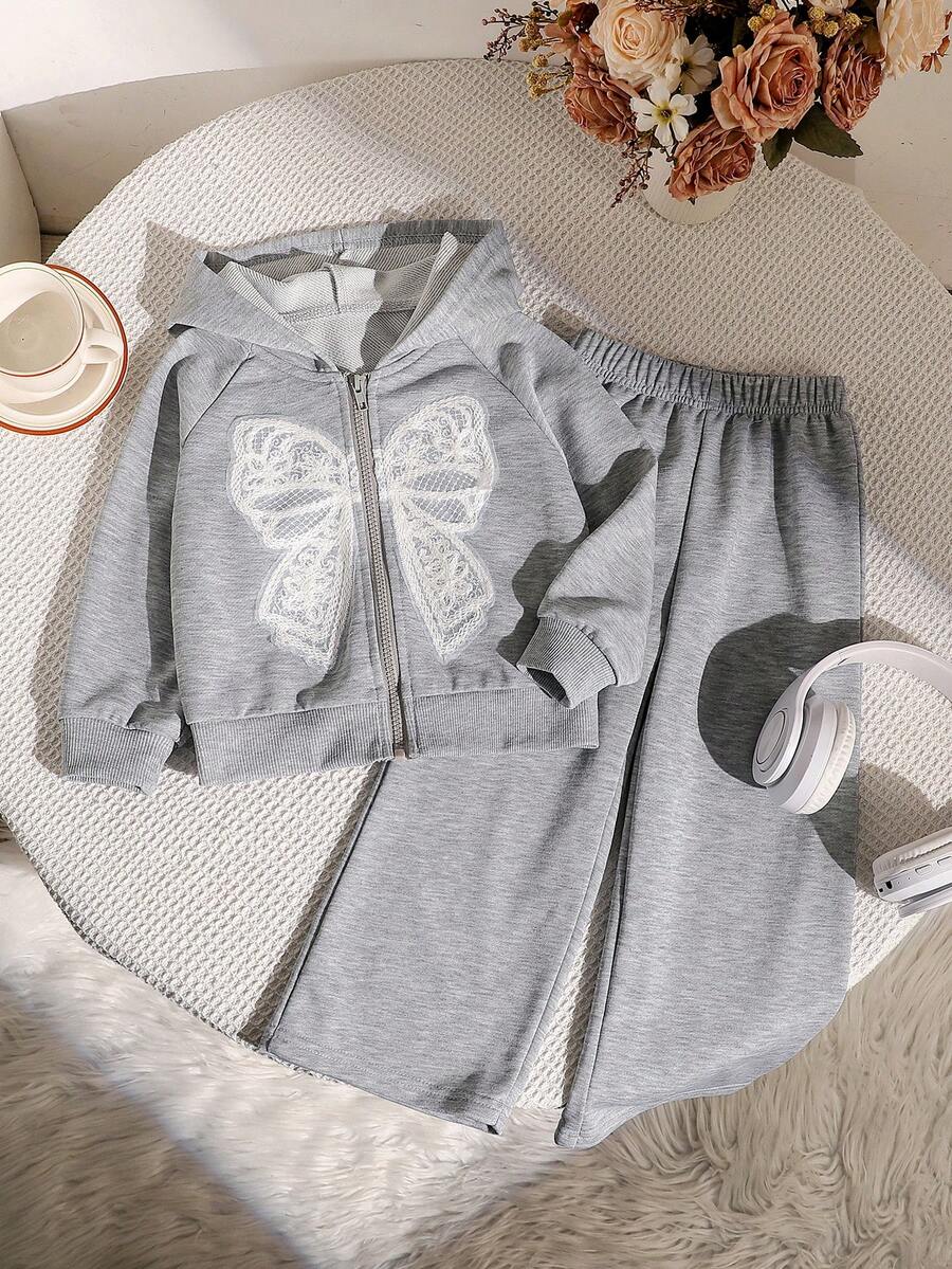 Galaxy Graffiti Autumn Fashion Outfit 4-7 Size Girls Set, Capybara Drinking Milk Tea Print Sweatshirt + Flare Pants Set, Sweet Ruffle Sleeve Top, Suitable For Spring/Summer School, Family Outings And Daily Casual Sports - Grey - View 1