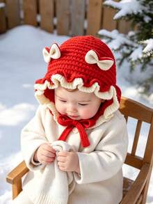0-2 Years Old Baby Girl Knitted Hat, Cute Bow Rabbit Ears Ruffle Edge, Soft Warm Tie Knitted Hat, Autumn/Winter Cute Infant Toddler Headwear - Multicolor - View 15