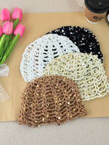 1pc Women's Y2K Style Cute Casual Fashion Sequin Shiny Hollow Hand-Knitted Hat, Suitable For Outing, Photography, Daily Wear, Bucket Hat Style - B - View 5