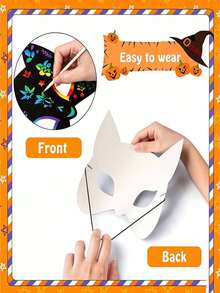 6SET Halloween Scratch Art Set, Rainbow Scratch Halloween Masks, Magic Scratch Masks With Elastic Ropes And Wooden Stylus, Suitable For Halloween Costume Party Photo Booth Props,Classroom Activities, Holiday Decorations, Fence Decorations - A - View 5