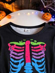 1pc Girls Toddler Casual Skull, Star & Moon Pattern Soft Comfortable Knit Mesh Dress, Suitable For Outdoor Wear, Autumn/Winter - Black - View 6