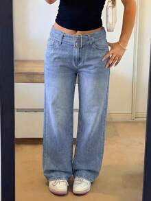 GILIPUR Women's High Waist Belt Decor Light Wash Wide Leg Denim Jeans, Casual Loose Fit Long Pants Fall - Blue - View 10