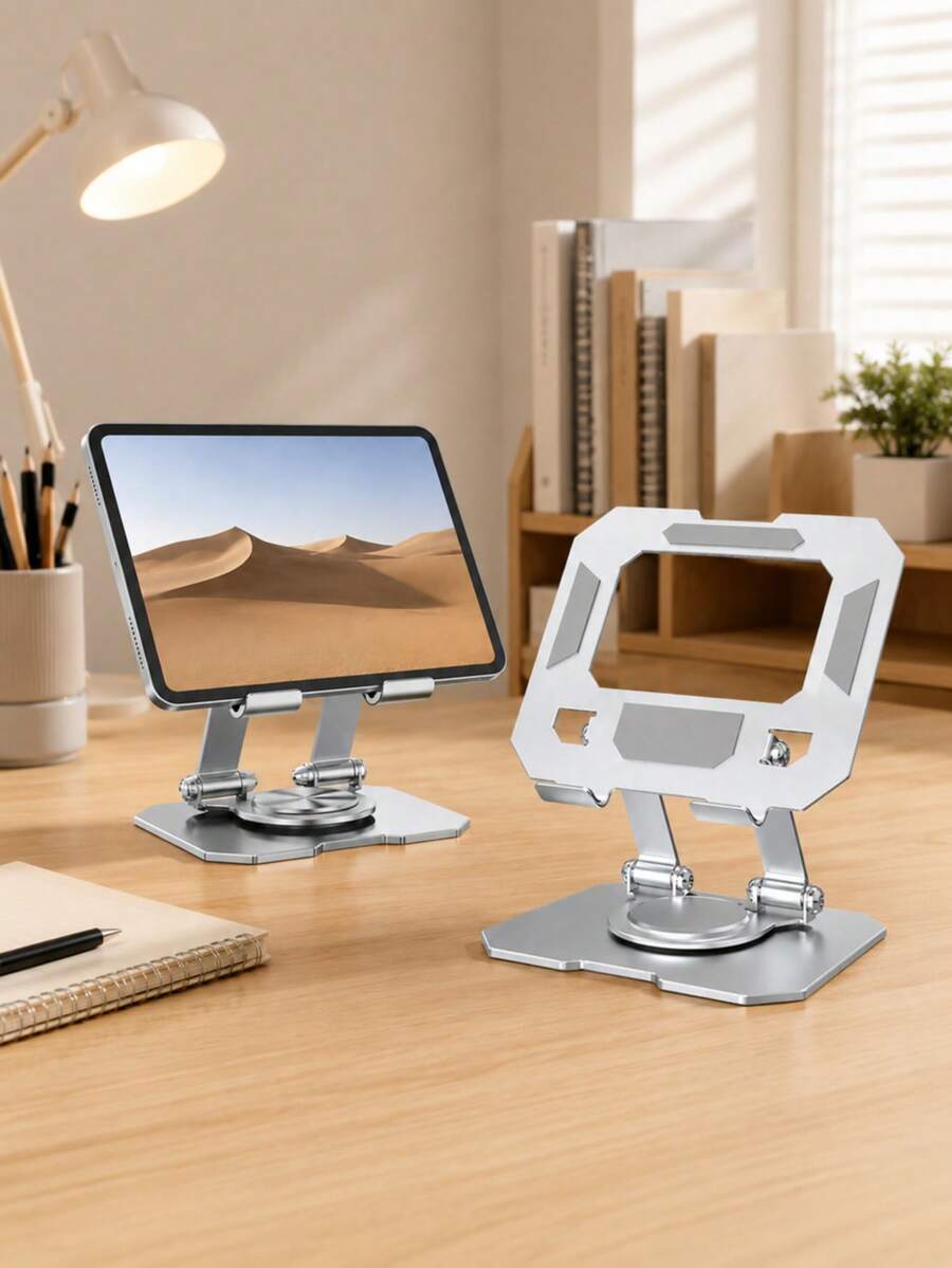 1pc 360° Rotating Adjustable Tablet Stand, Foldable Height Adjustable Desktop Phone And Tablet Holder, Multi-Angle Metal Stand, Compatible With IPad, Smartphones, Home Office, Reading And Video Calls - Rotating Flat Stand YIN - View 1
