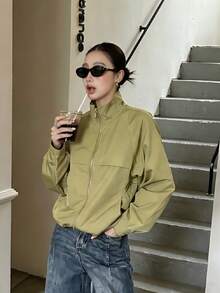 女款秋季拉鍊落肩袖短版外套 時尚立領 通勤度假運動學院風 - 橄欖綠 - 查看 10