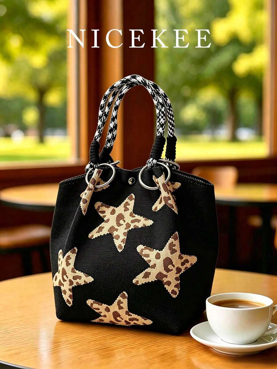 Classic Colorblock Polka Dot Casual Versatile Artistic Bucket Bag, Multi-Functional Daily Commute Handbag, Suitable For Niche Shopping And Dating - Black - View 1
