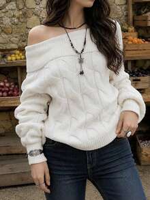 Pullover Wanita Putih Minimalis Modis Model Off-Shoulder Lengan Panjang Bergaris, Sweater Kasual Harian untuk Perjalanan, Liburan, Pesta, Kencan, Musim Gugur Musim Dingin - Putih - View 9
