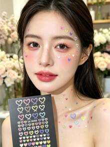 Macaron Colorful Hollow Heart Face Sticker Set With Tweezers, Sweet & Cool Y2K Style Eye Makeup Stickers, Music Festival Stage Makeup Face & Collarbone Self-Adhesive Stickers - Multicolor - View 2
