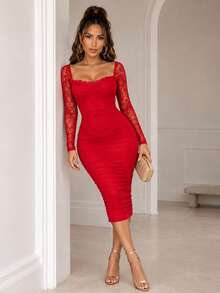 ChicMe Women's Lace Trim Square Neck Long Sleeve Bodycon Split Cocktail Party Midi Dress With Zipper Back Pleats Elegant Red - Red - View 6
