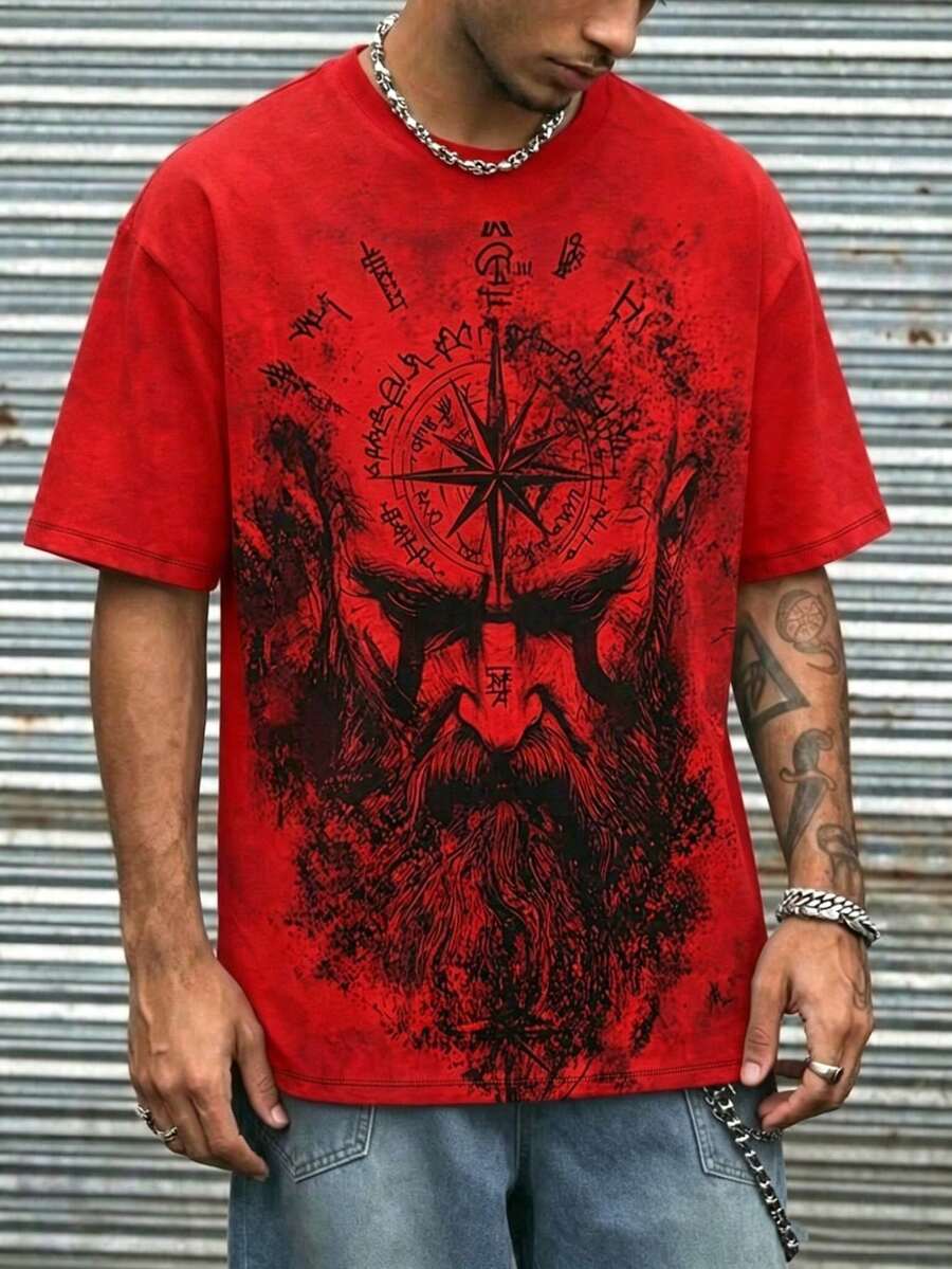 大尺碼男士復古骷髏印花時尚寬鬆圓領短袖T恤 - 紅色 - 查看 1