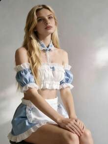 新款 Cosplay 女僕制服套裝，抹胸蕾絲鈴鐺頸圈套裝，甜美可愛角色扮演服裝 - 淺藍色 - 查看 2