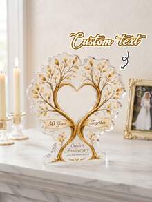 1pc Custom Text Heart Family Tree Acrylic Plaque,Personalized Golden Anniversary Tabletop Keepsake Sign,Love Tree Decor For Couples Parents 50th Wedding Anniversary Commemorative Home Gift - Multicolor - View 1