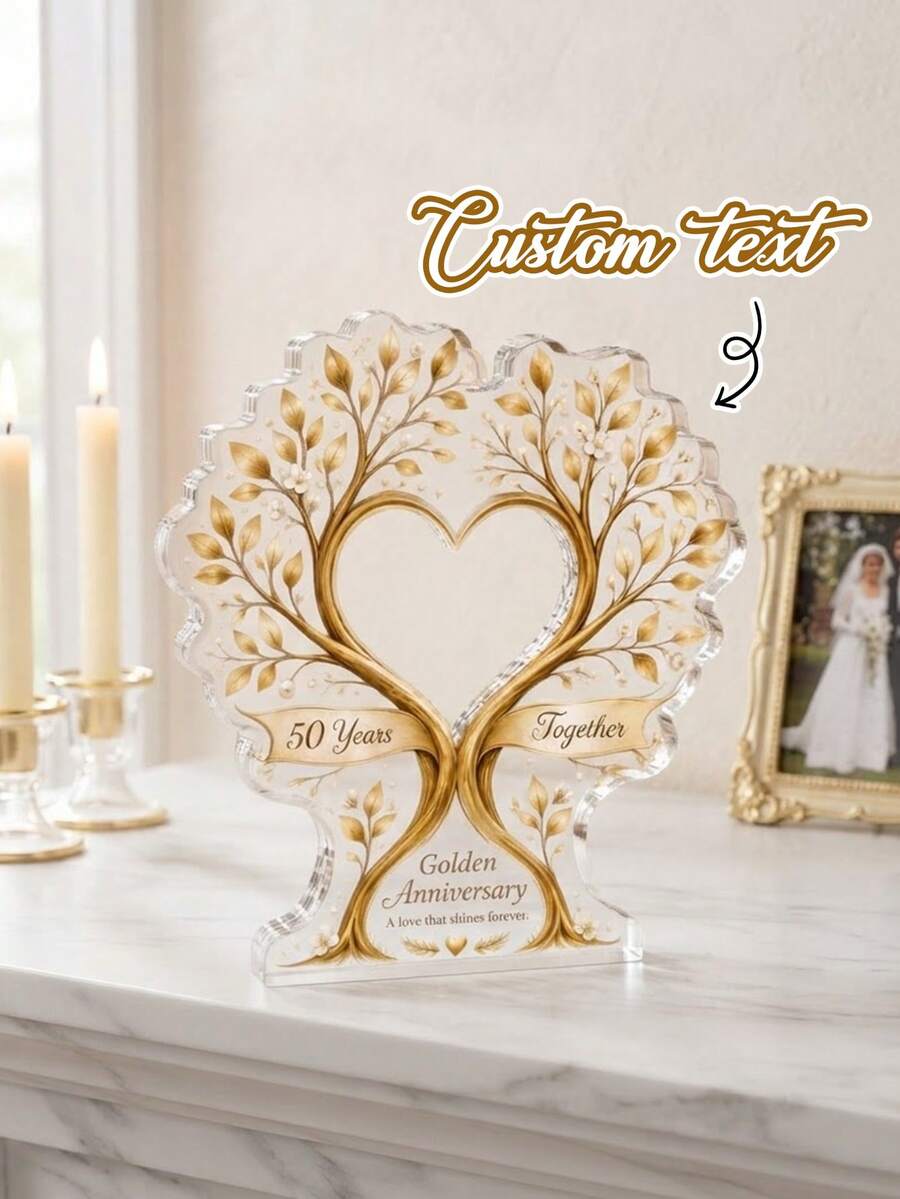 1pc Custom Text Heart Family Tree Acrylic Plaque,Personalized Golden Anniversary Tabletop Keepsake Sign,Love Tree Decor For Couples Parents 50th Wedding Anniversary Commemorative Home Gift - Multicolor - View 1