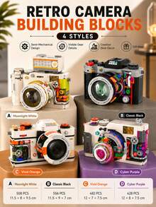 1pc 428-556 PCS Retro Camera Building Blocks, 4 Styles Available, Semi-Mechanical Camera Model Toy, Visible Gear Details, Mini Bricks DIY Creative Build, Desktop Display Ornament, Gift Idea For Home Office Shelf Decor - Clear - View 1