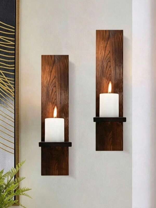 Wall-Mounted Candle Holder Set (2pcs), Decorative Wooden Candle Holders, Rustic Style Candle Holders, Living Room Wall Decor
