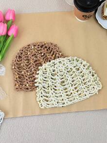 1pc Women's Y2K Style Cute Casual Fashion Sequin Shiny Hollow Hand-Knitted Hat, Suitable For Outing, Photography, Daily Wear, Bucket Hat Style - B - View 6