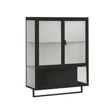 60CM Glass Doors Modern Two-Door Wall Cabinet With Featuring Two-Tier Enclosed Storage, An Open Shelf, And Towel Rack, For Entryway Living Room Bathroom Dining Room,Black - 黑色 - 查看 4
