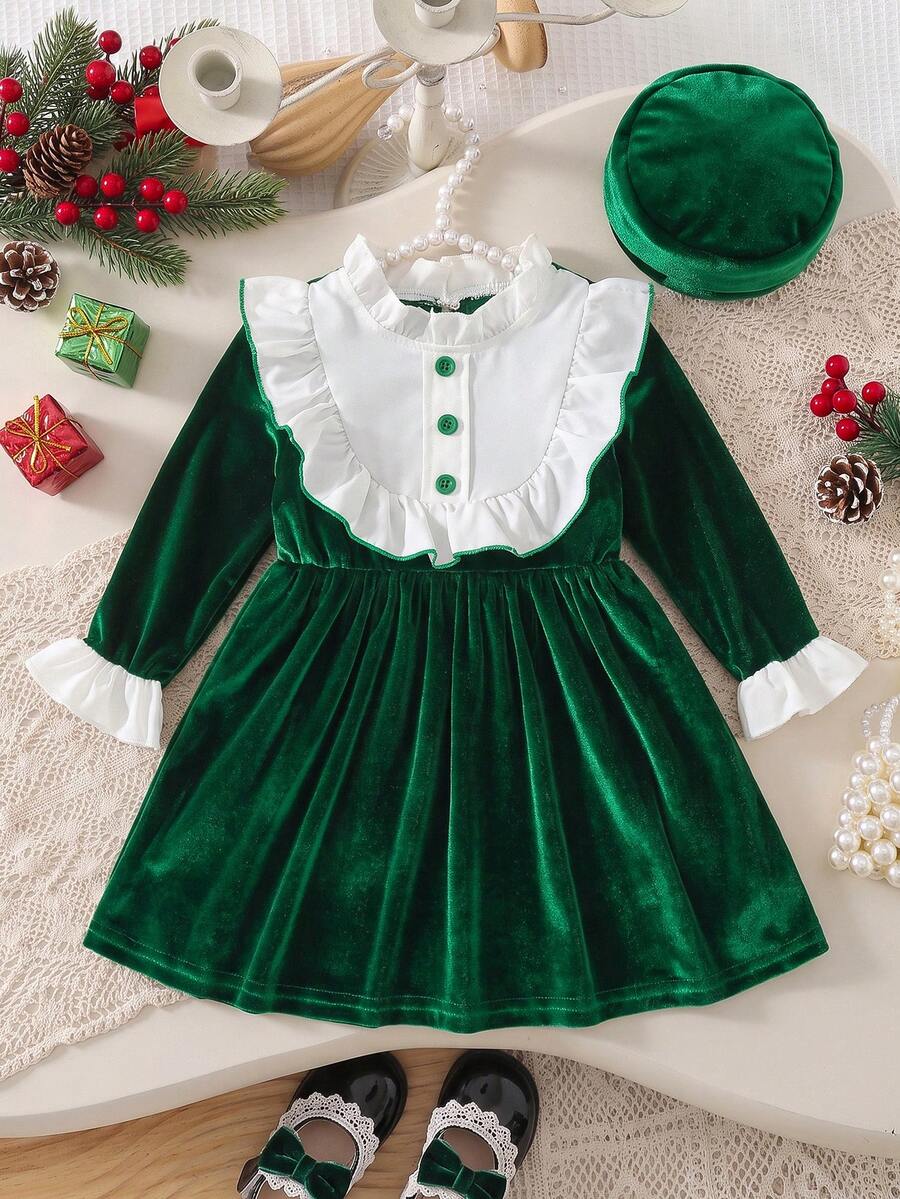 Baby Girl White Ruffle Patchwork Velvet Long Sleeve Dress With Matching Velvet Beret 2pcs Set, Vintage Mori Style Gentle Outfit For Spring, Christmas, Holiday, 1st Birthday Photo Shoot, Outing, Gift - Green - View 1