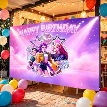 KPop Demon Hunters Kpop Theme Birthday Backdrop Banner, K-Pop DemonHunters Character Banner, Neon Glowing Disco Ball & Music Note Design, With HAPPY BIRTHDAY Text, Suitable For Photo Booth Party Decoration - Multicolor - View 4