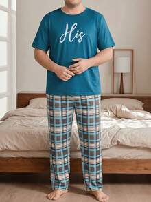 Plus Size Men's 2 Pieces Pajama Set Short Sleeve T-Shirt + Plaid Long Pants Casual Loose Homewear Gift For Boyfriend Husband - Multicolor - View 5