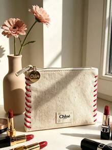 Chloé Natural Linen Zipper Makeup Pouch With Red Hand Stitched Edge, CHLOE Fabric Label & Round Metal Logo Charm, Minimal Retro Portable Travel Cosmetic Bag Luxury Gift For Women CHLOE-GIFT-13 - Champagne - View 7