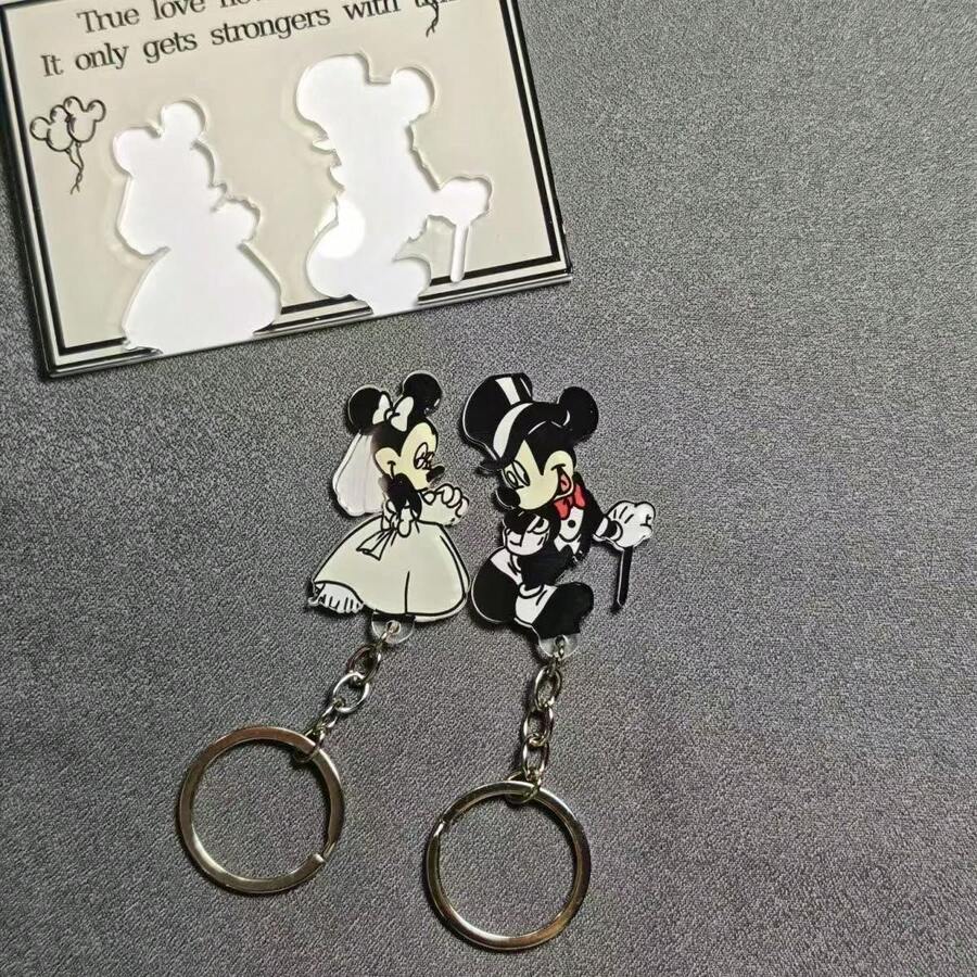 Disney 3PCS Couple Matching Keychains, Wedding Mickey Minnie Bride & Groom Acrylic Key Ring Set, Romantic Lover Gift, Valentine Wedding Souvenir Key Holder - One Size - View 1
