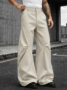 Men's Casual Loose Wide Leg Pants, Geometric Patchwork And Button Detail Straight Leg Long Pants, Streetwear Style For Daily Wear And Outings - Beige - View 7