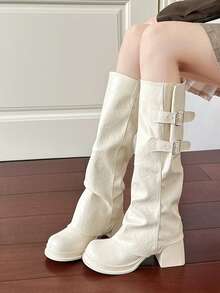 Women's Detachable 2-In-1 Thick Sole Platform Double Buckle Round Toe Chunky Heel Slouch Boots, Sweet Cool Motorcycle Style, Spring Autumn Winter Versatile Cream White PU Leather Riding Boots - Beige - View 4