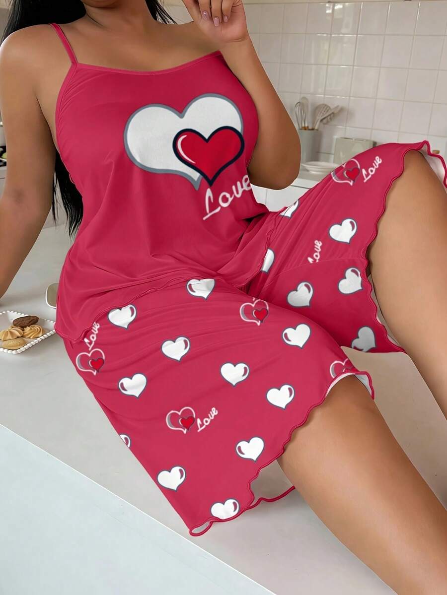 大尺碼女款愛心 LOVE 印花細肩帶上衣與七分褲睡衣套裝,寬鬆休閒居家服,適合夏季 - 彩色 - 查看 1
