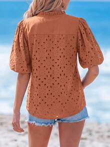 PRETTYGARDEN Women's Summer Clothes Tops Fashion Casual Short Sleeve V Neck Buttons Hollow Eyelet Lace Embroidered Blouses Shirts Festival  Beach Vacation - 磚紅色 - 查看 2