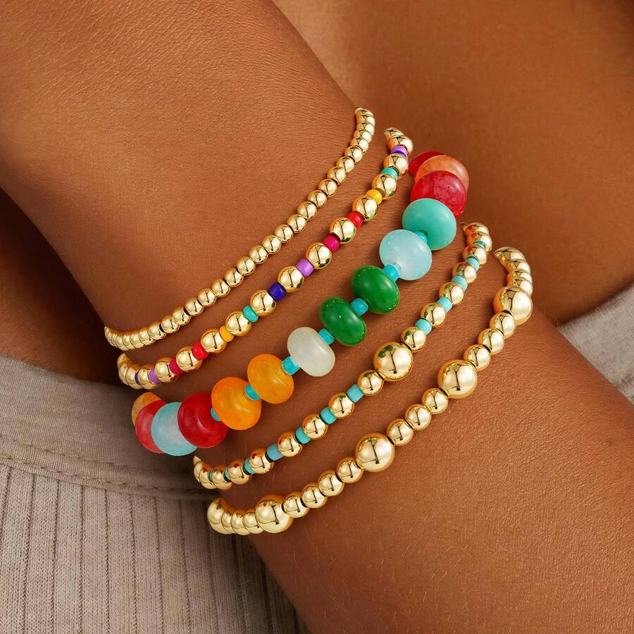 5PCS Colorful Beaded Stretch Bracelets Set For Women Girls Gifts | Stackable Beaded Bracelets, Pearl Beads Bracelet Stacked, Summer Jewelry Gifts For - Glass + CCB Bracelet Set - View 1