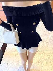 2026 Double-Row Gold Button Off-Shoulder Ribbed Knit Top, Fold-Over Off-Shoulder Slim Fit Long Sleeve, Ruffle Fish Tail Hem Waist-Cinching Cropped Base Layer, Commuter Sexy Aesthetic Elastic Knit Sweater - Royal Blue - View 2