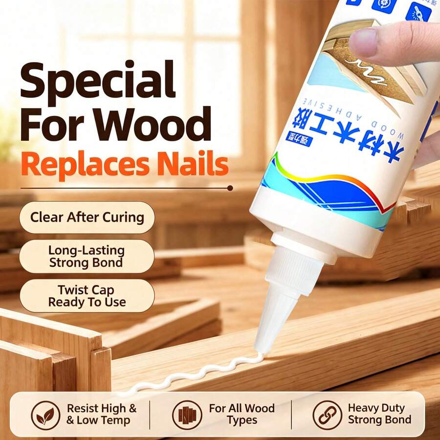 Lem Kayu Kuat, Cepat Kering, dan Tahan Lama, Cocok untuk Perbaikan Furnitur, Sambungan Kayu, Penyambungan Papan, Perbaikan Lantai, Kerajinan DIY, Pembuatan Model, dan Penggunaan pada Pertukangan Kayu.