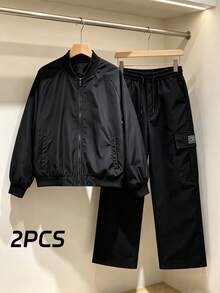 Men's Spring/Autumn Baseball Jacket & Cargo Pants Set - Black - View 2