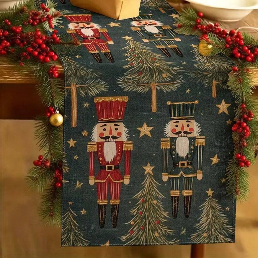 1 Set Of Linen Table Runner, Featuring Berry, Christmas Tree, And Nutcracker Patterns. Durable Indoor And Outdoor Holiday Table Flags, Suitable For Kitchen, Restaurant, And Christmas Party Decoration, Holiday Themes, And Home Decor.